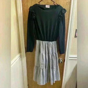 Jerell of Texas Vintage Long Ruffle Sleeve Fit & Flare Dress Black w/ Stripes